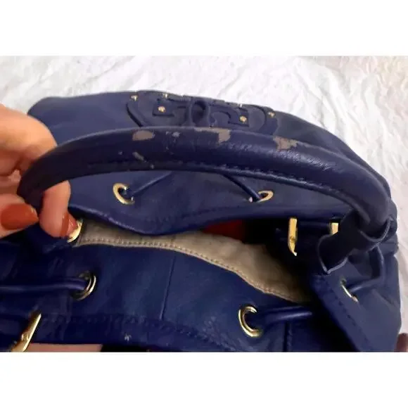 Tory Burch large blue leather bucket purse with gold accents - Picture 7 of 12